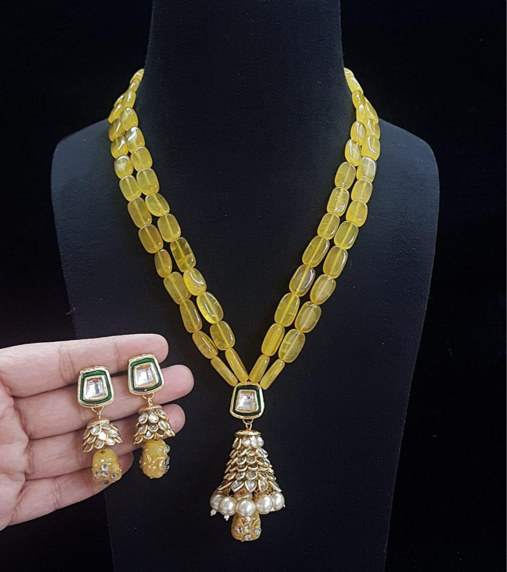 Yellow Monalisa Beads Long Necklace With Kundan Pendant And Earring