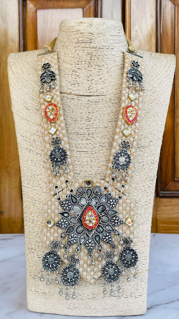 Classy Cream Handmade Navratri oxidised fabric fusion jewellery
