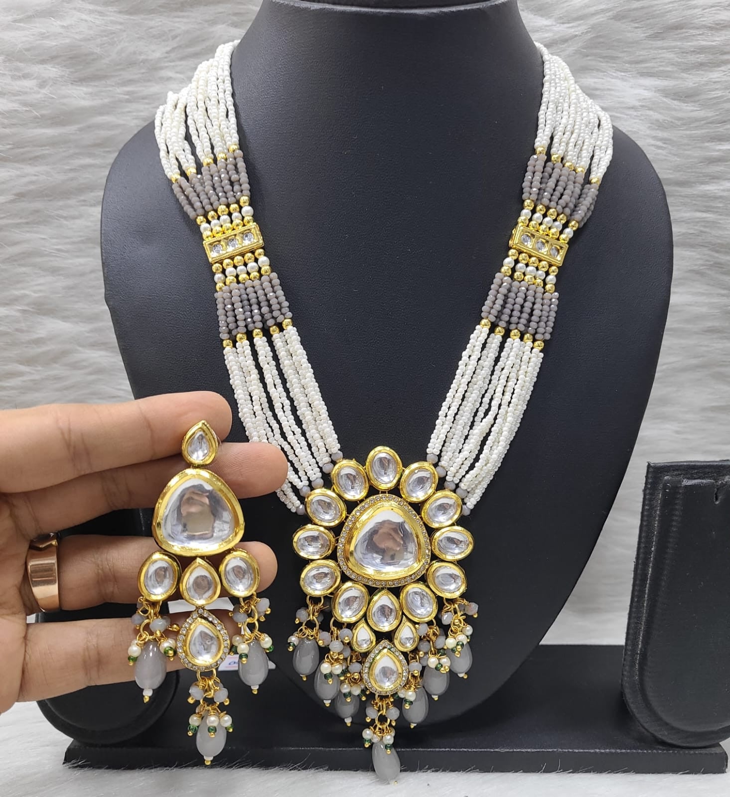 Royal Presence Kundan long Grey necklace set (K56)