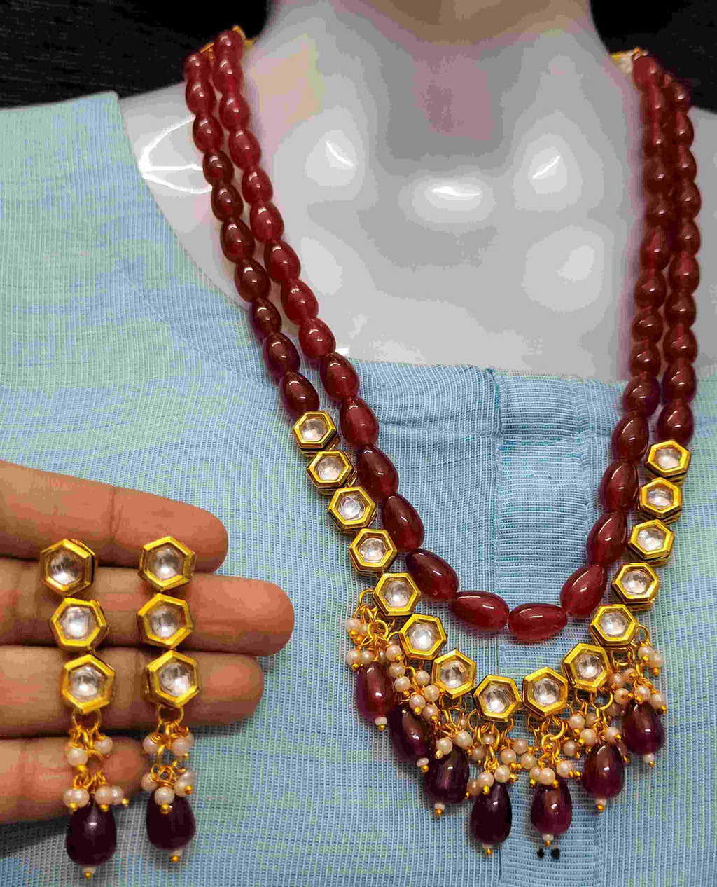 NS450 Maroon Kundan Necklace Earring Jewellery Set