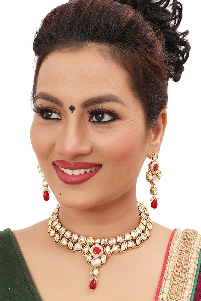 NS498 Maroon Kundan Necklace Earring Jewellery Set - Polki Kundan Jewellery from Knight Angel Jewels