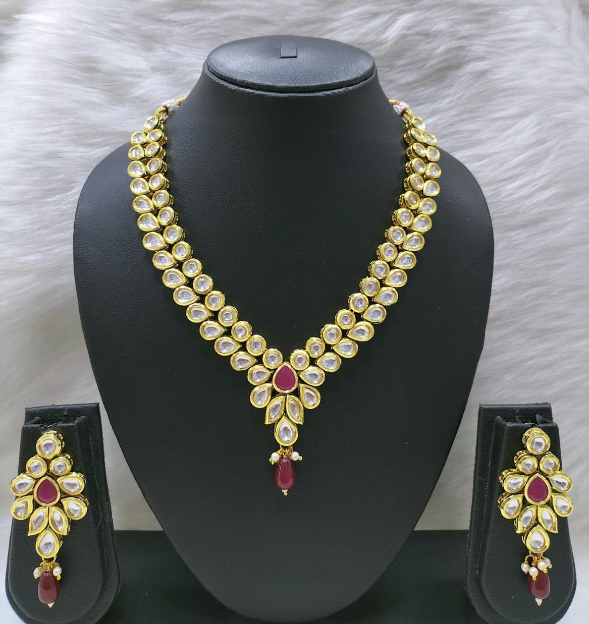 NS421 RED Kundan Necklace Earring Jewellery Set