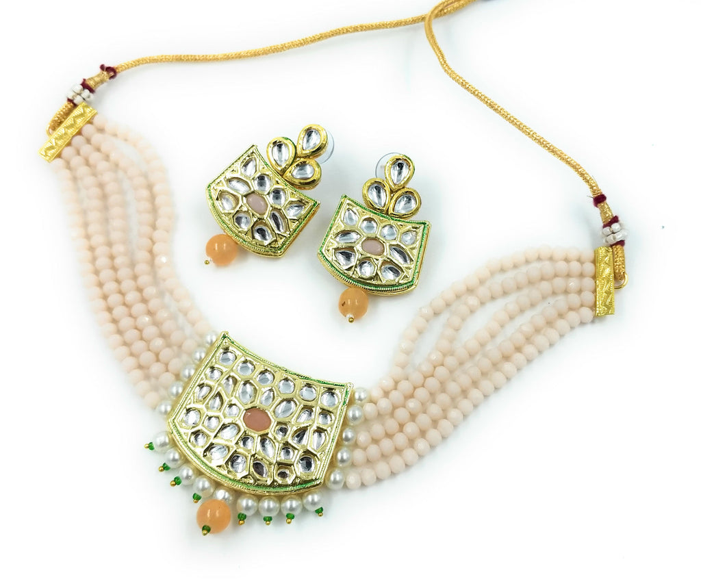 NS237 PEACH Kundan Necklace Earring Jewellery Set