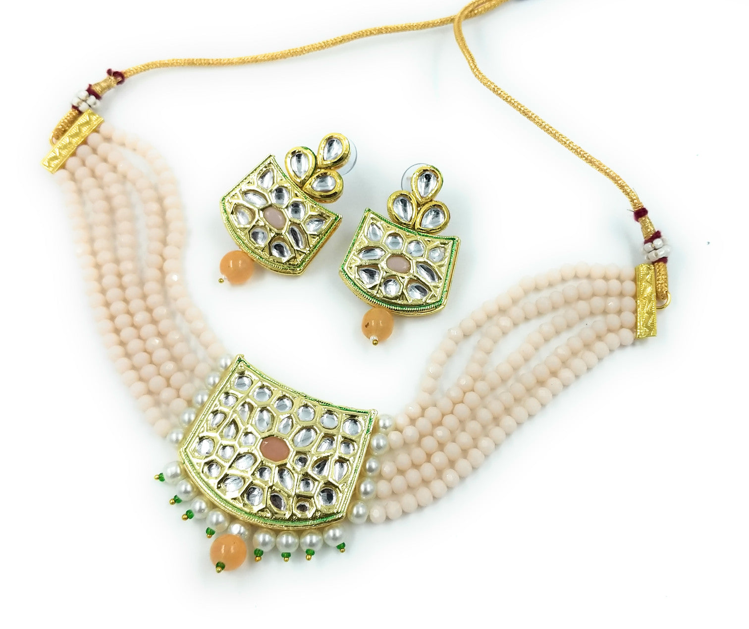 NS237 PEACH Kundan Necklace Earring Jewellery Set
