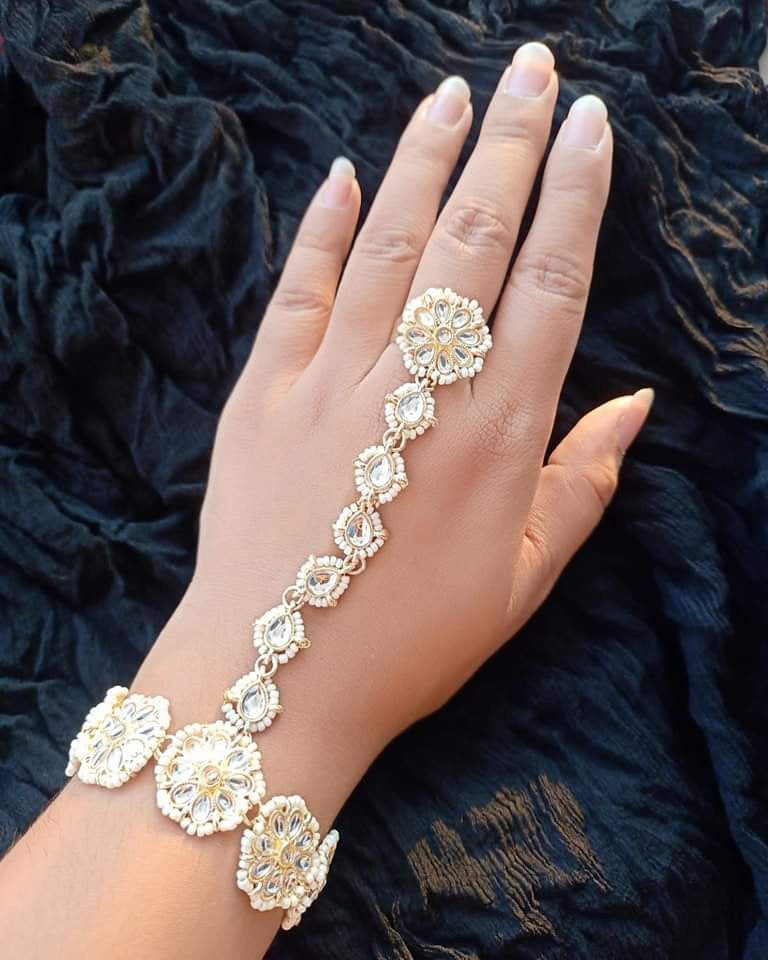 BR117 Flower Kundan Flower Hand Ring Bracelet