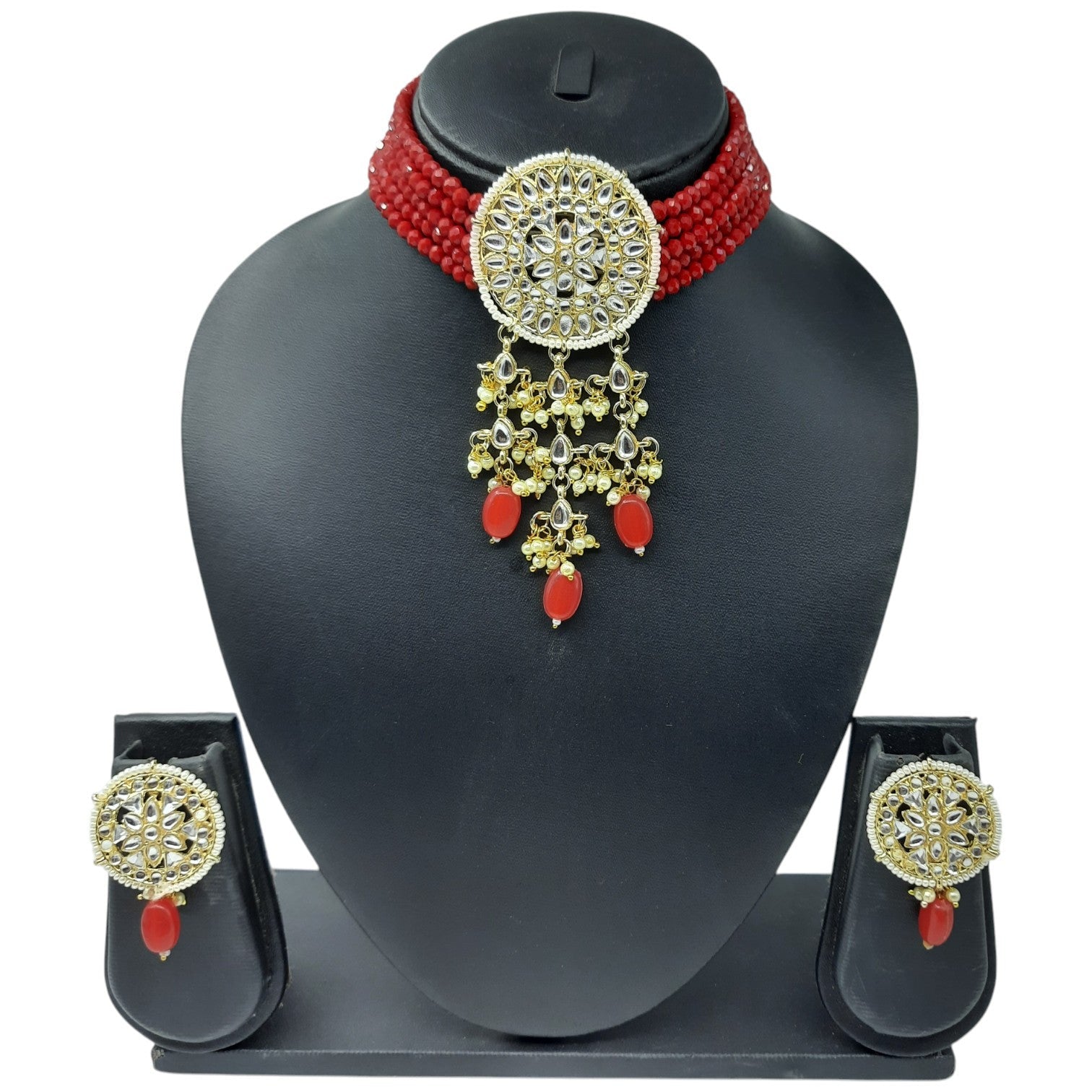 NS46 RED Kundan Necklace Earring Jewellery Set