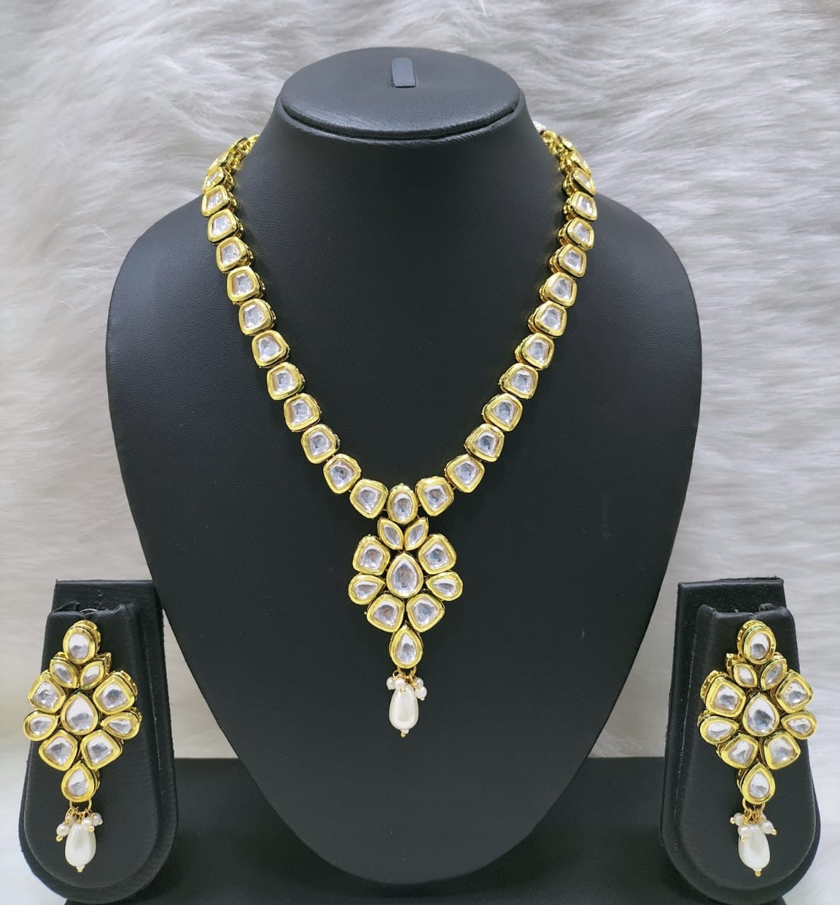 NS453 White Kundan Necklace Earring Jewellery Set
