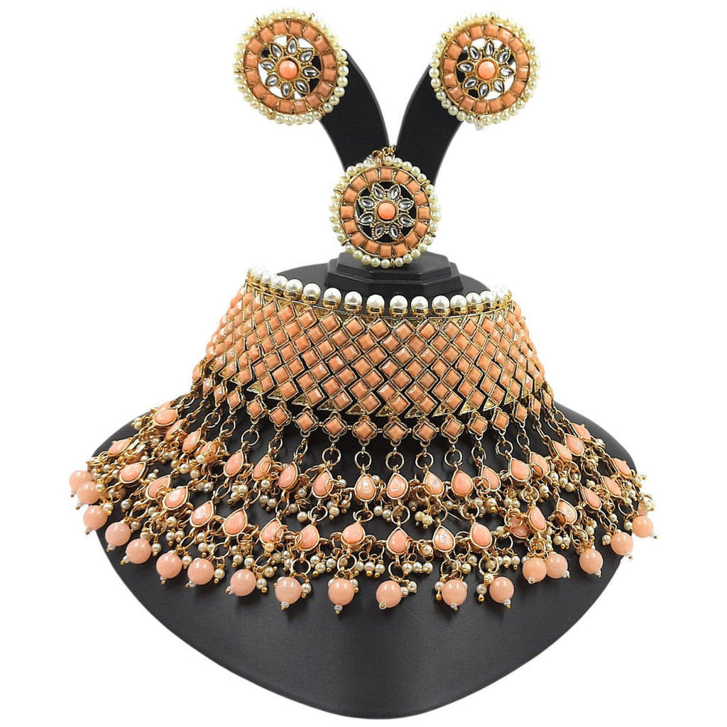 NS63 PEACH Kundan Necklace Earring Jewellery Set