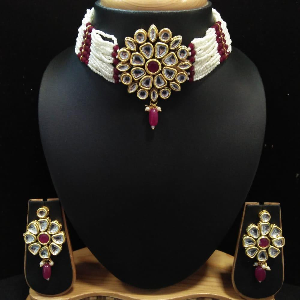 NS82 MAROON Kundan Necklace Earring Jewellery Set