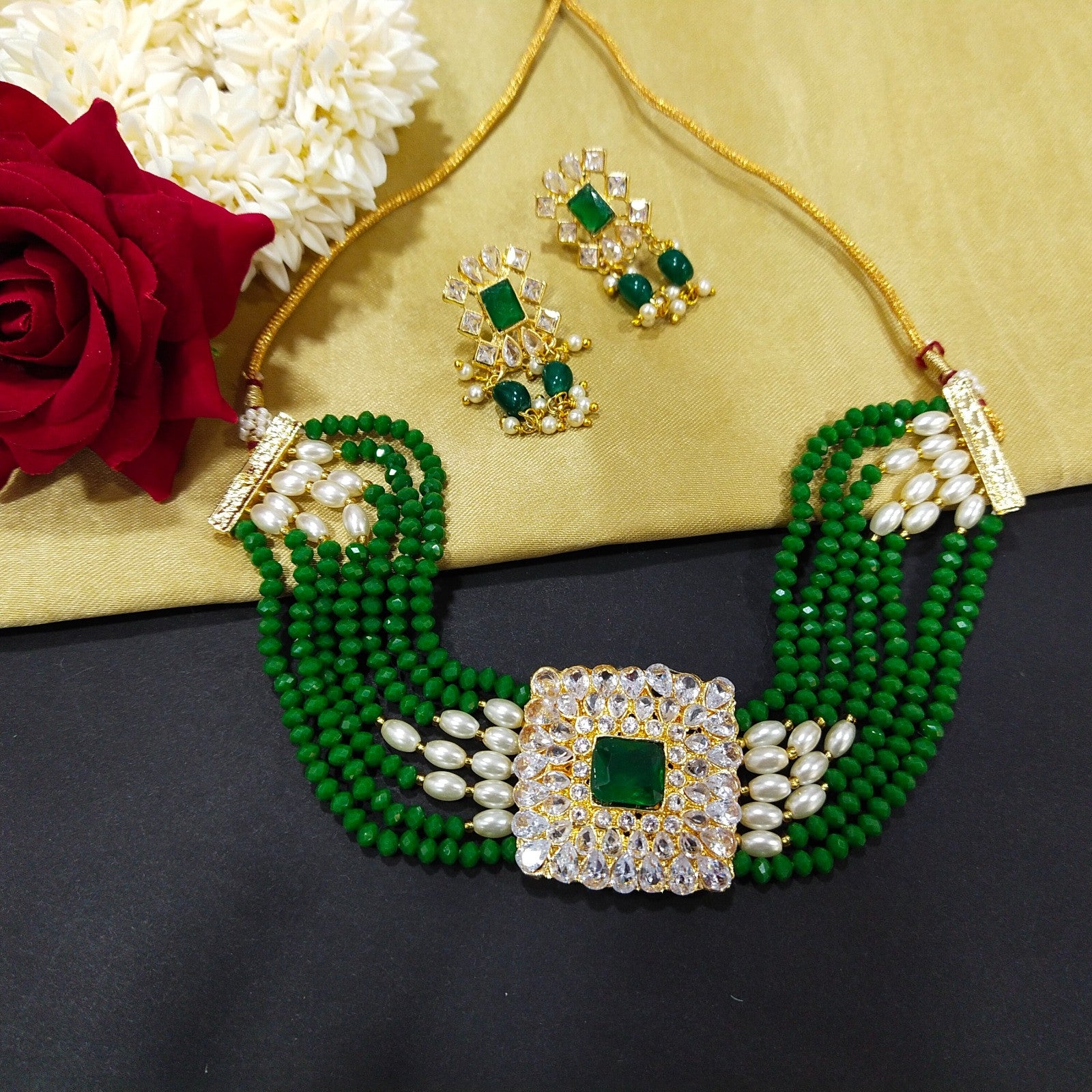 Subtle Sparkle Crystal Beads Choker Set (Green)