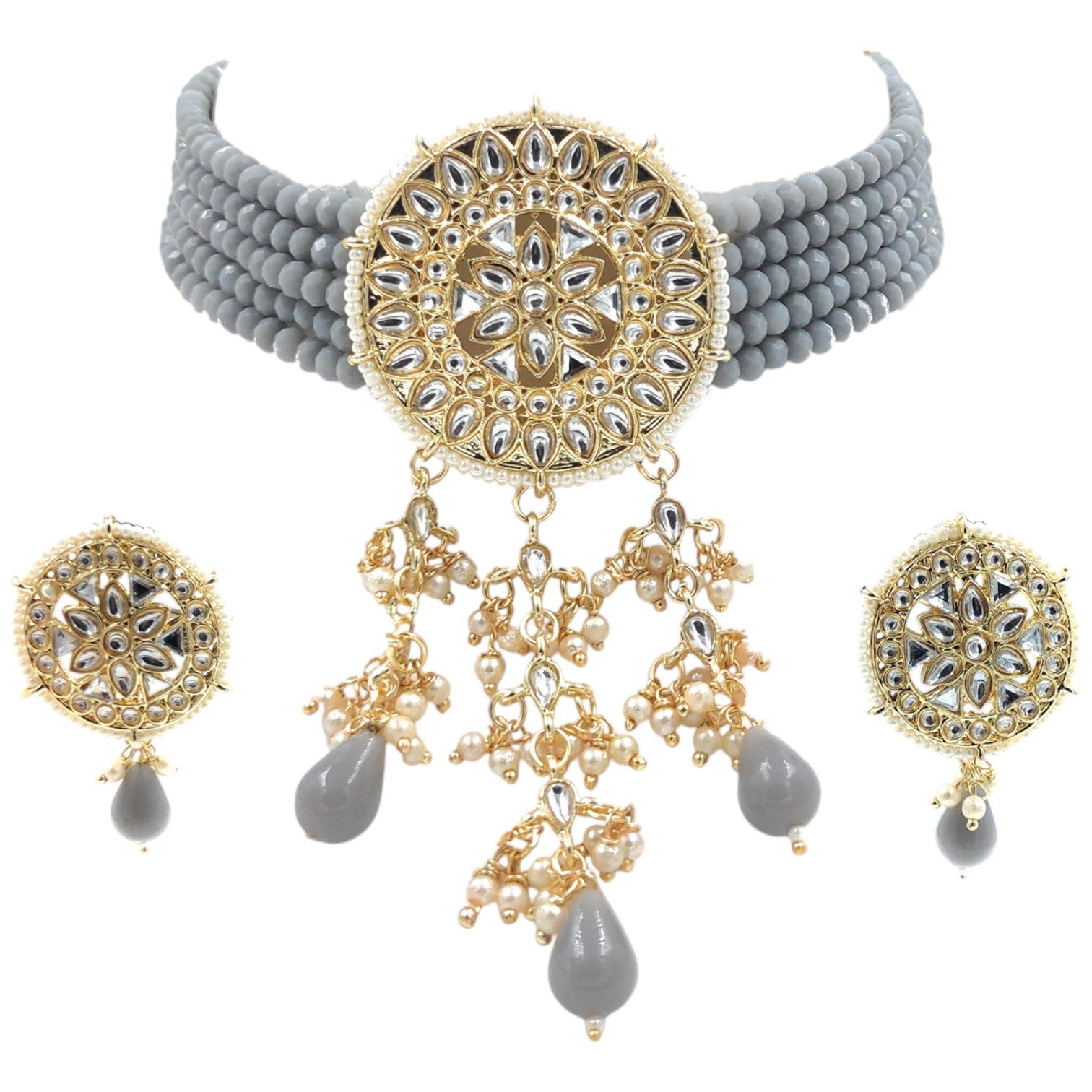 NS46 GREY Kundan Necklace Earring Jewellery Set