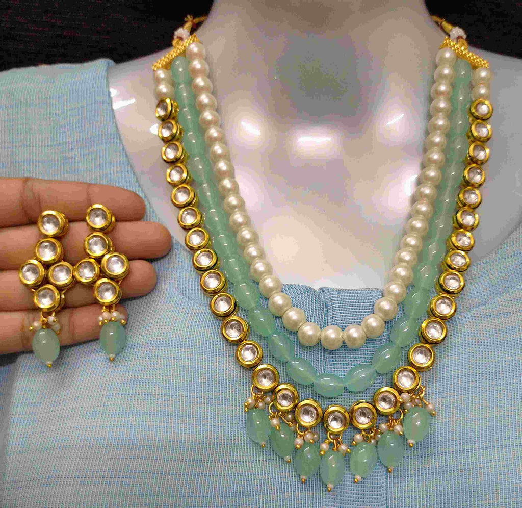 NS501 Sea Green Kundan Necklace Earring Jewellery Set