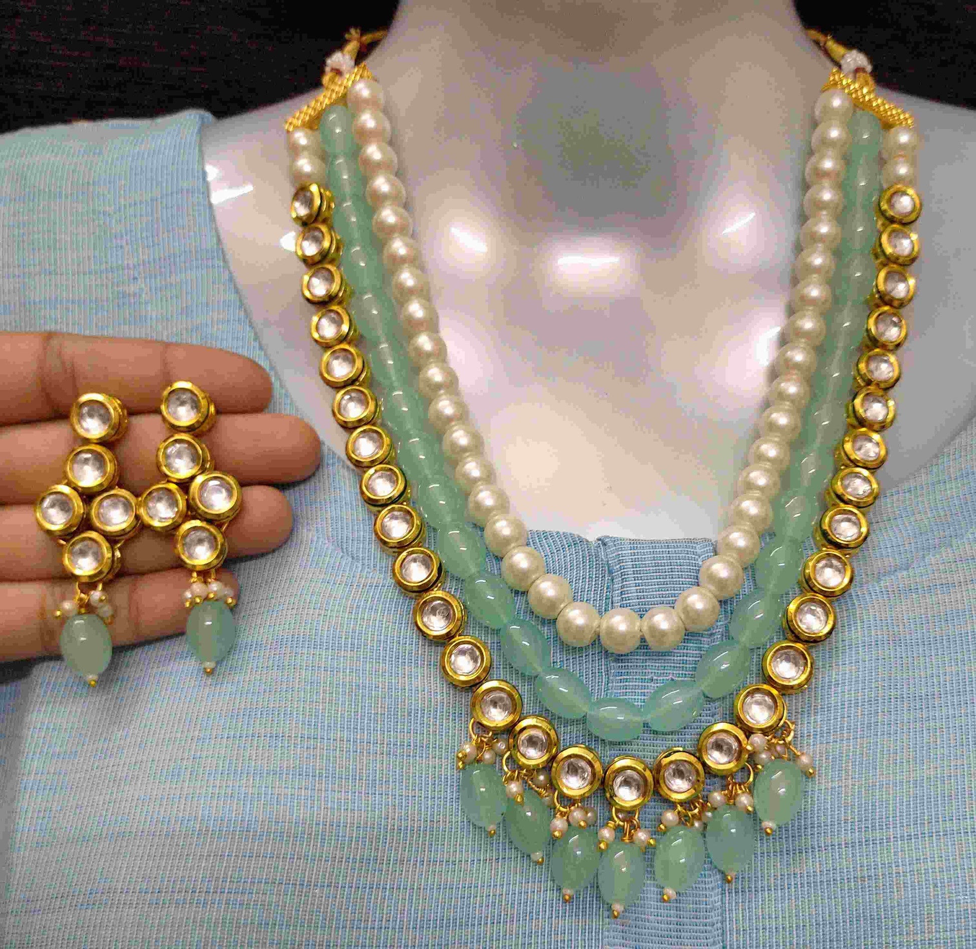 NS501 Sea Green Kundan Necklace Earring Jewellery Set