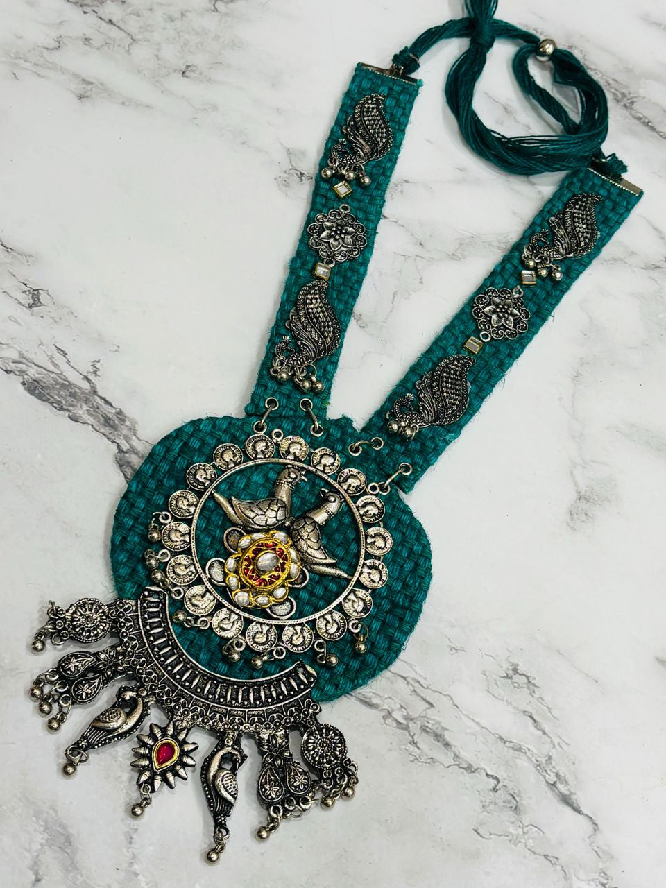 Classy Green Handmade Navratri oxidised fabric fusion jewellery