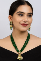 Green Monalisa Beads Long Necklace With Kundan Pendant And Earring