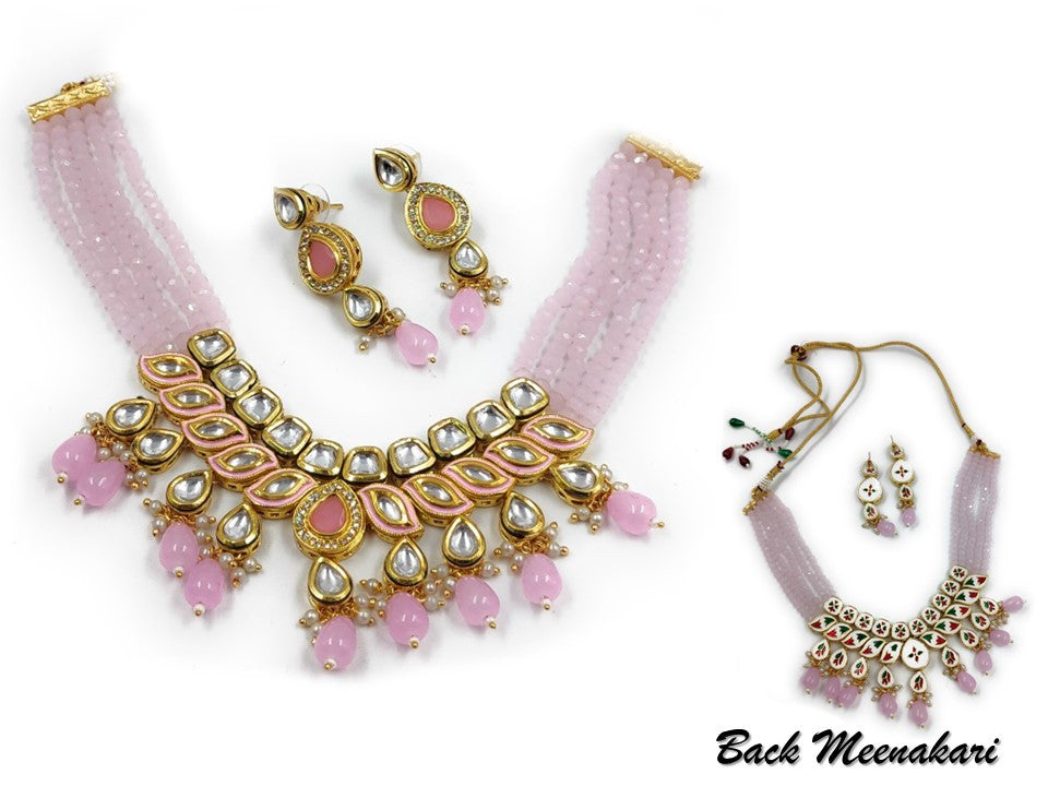 NS496 Baby Pink Kundan Necklace Earring Jewellery Set