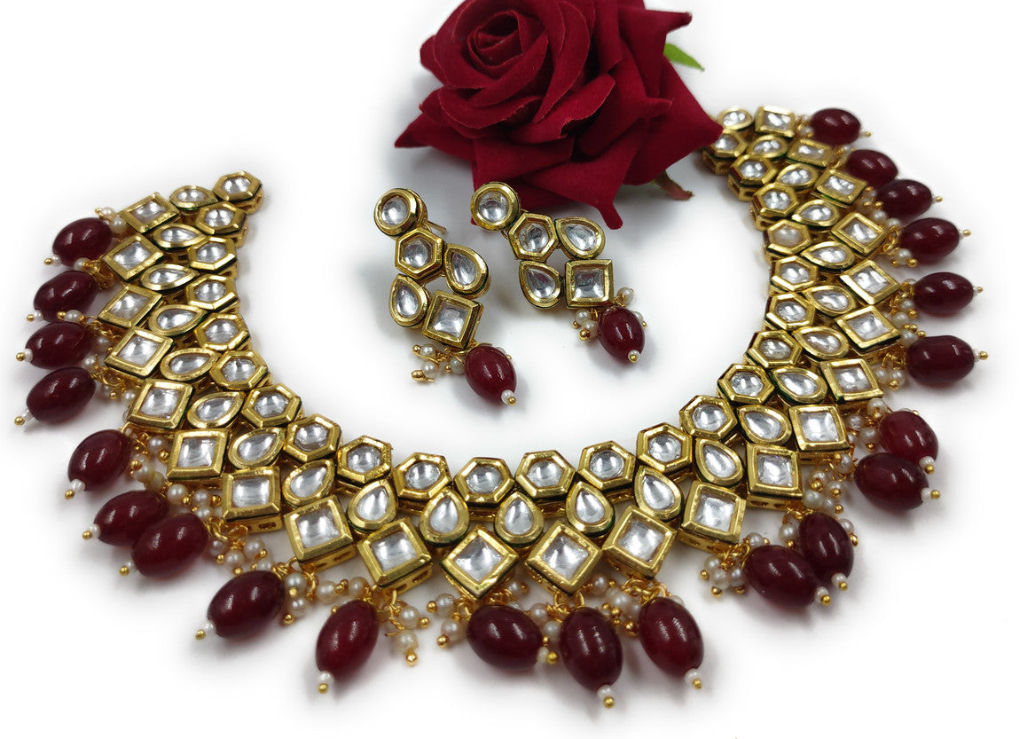 NS615 Maroon Kundan Necklace Earring Jewellery Set
