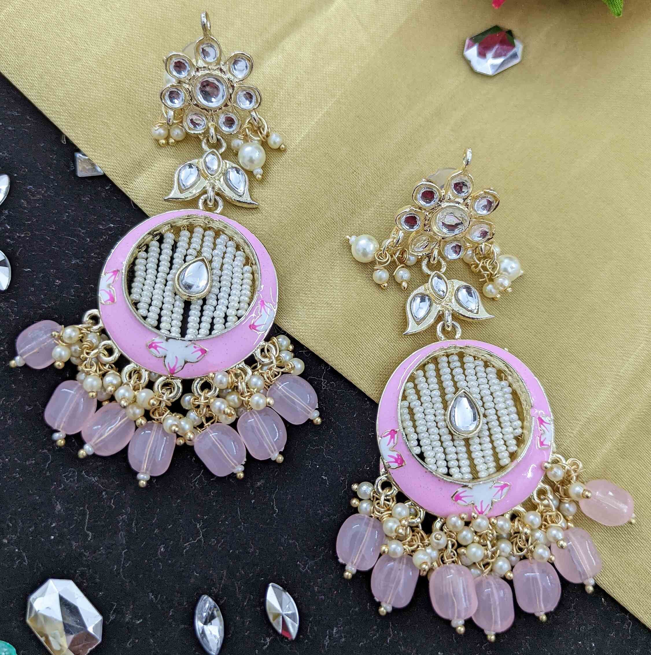 Kundan Meenakari Earring (ER66 BABY PINK) - Earrings Artificial from Knight Angel Jewels