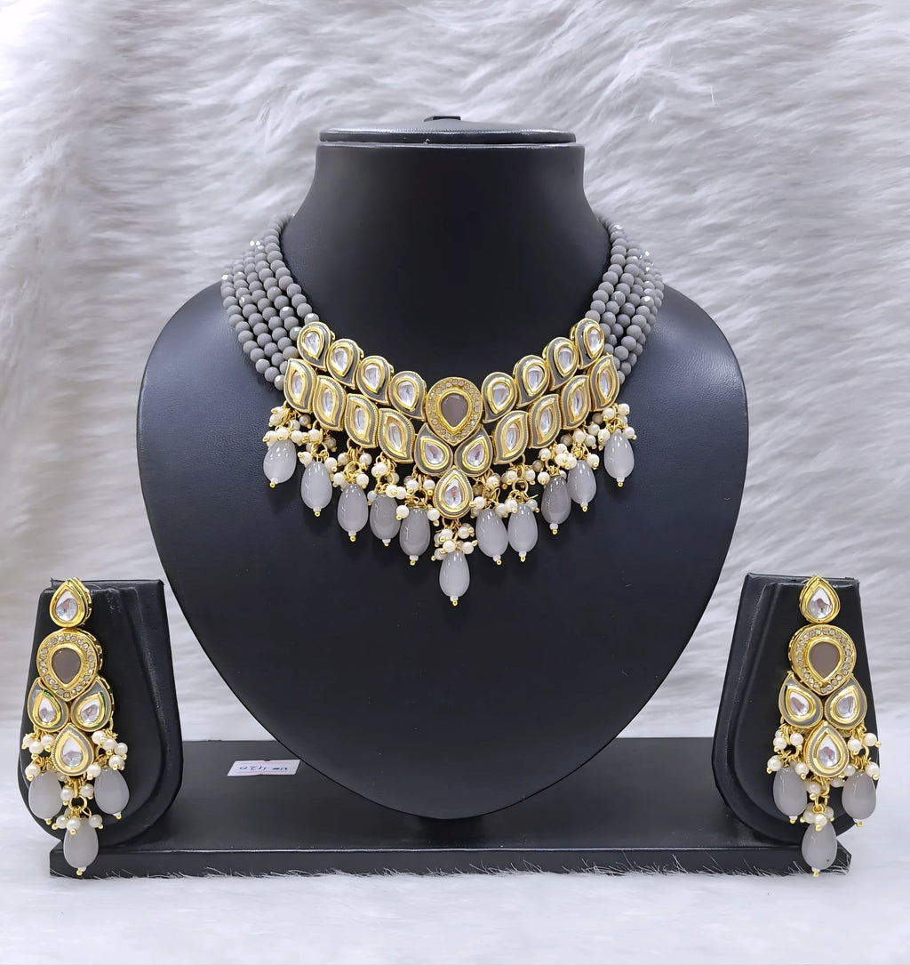 NS681 GREY Kundan Necklace Earring Jewellery Set