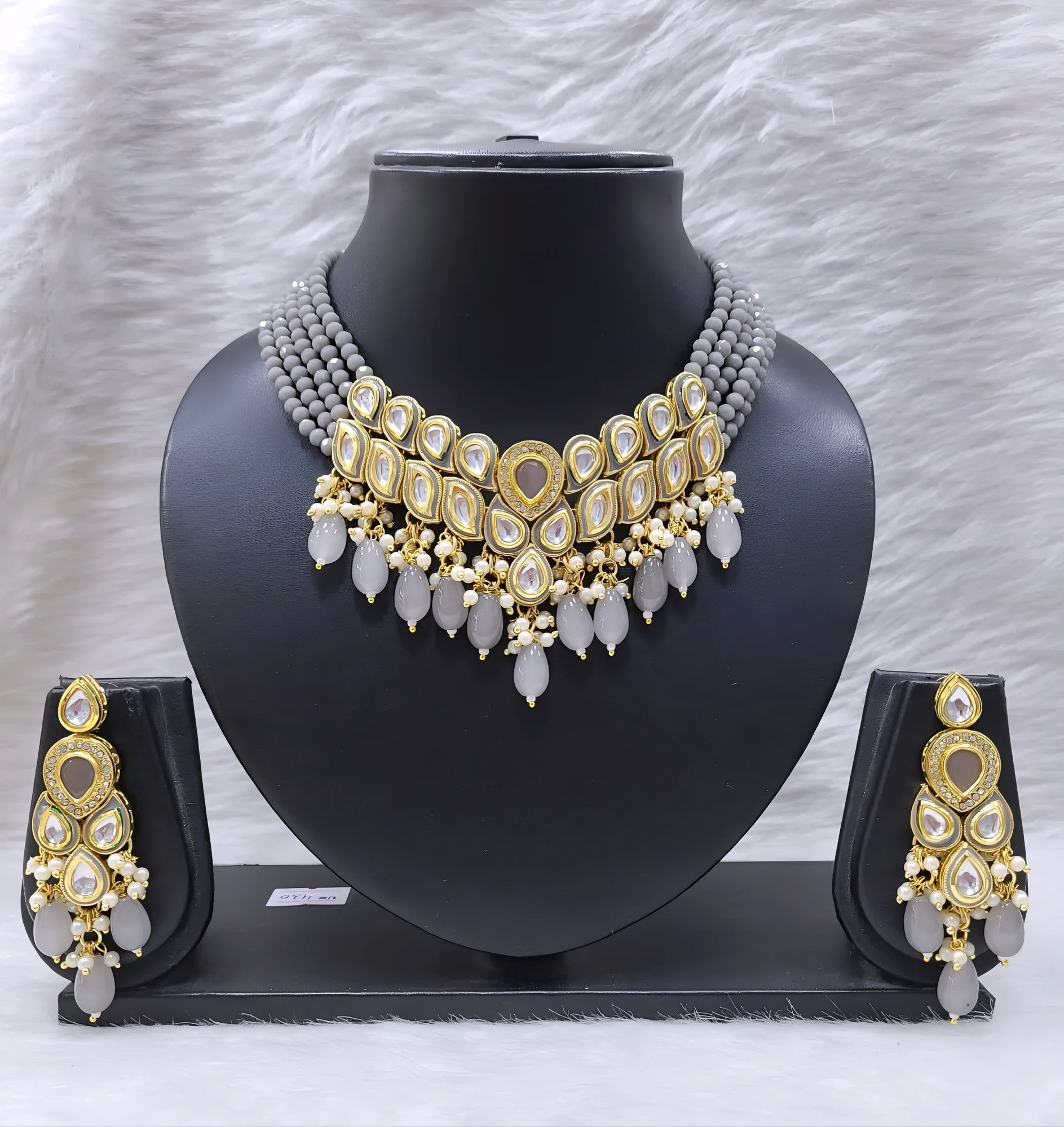 NS681 GREY Kundan Necklace Earring Jewellery Set