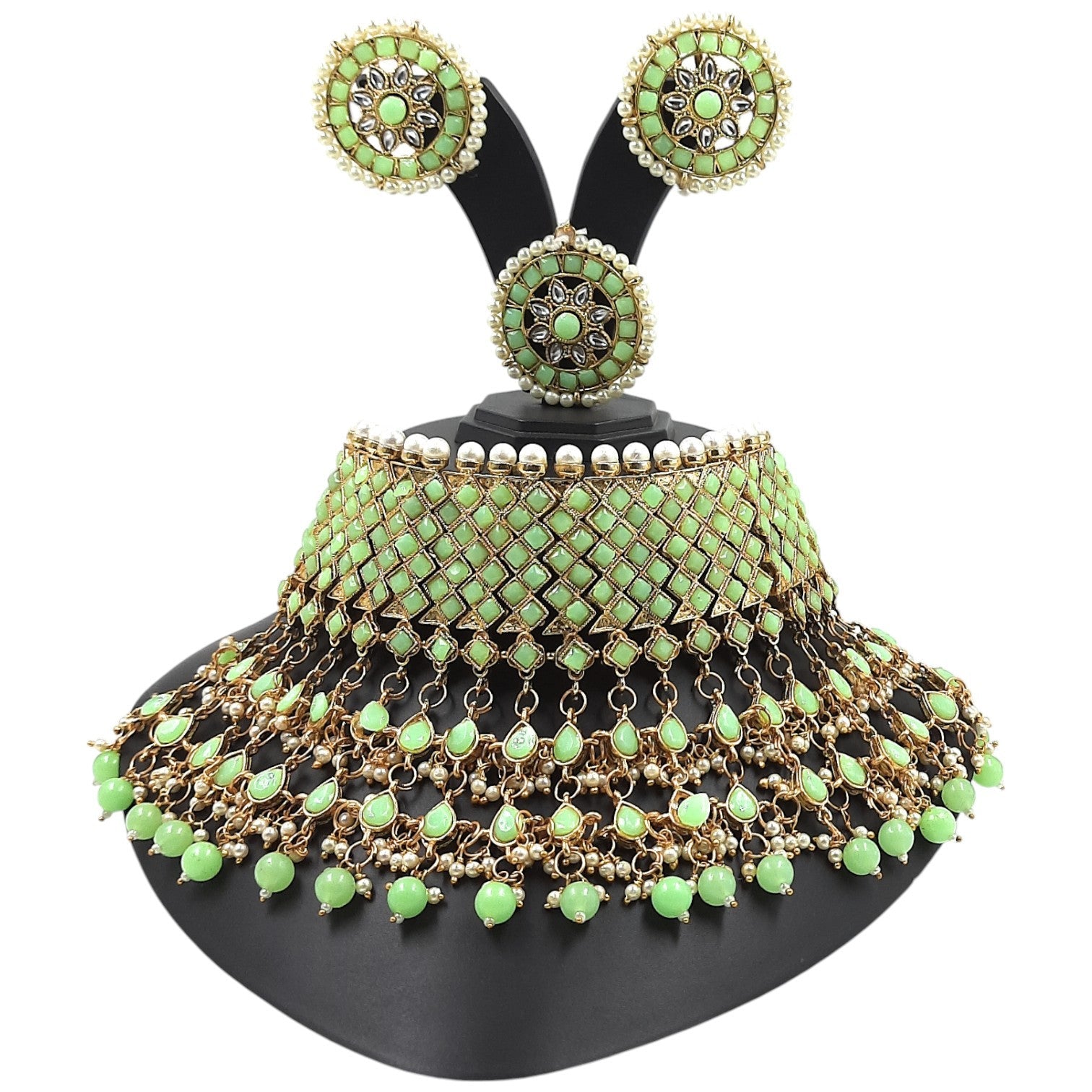 NS63 MINT GREEN Kundan Necklace Earring Jewellery Set