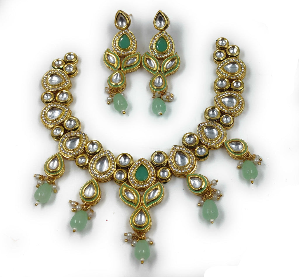 NS614 Mint Green Kundan Necklace Earring Jewellery Set