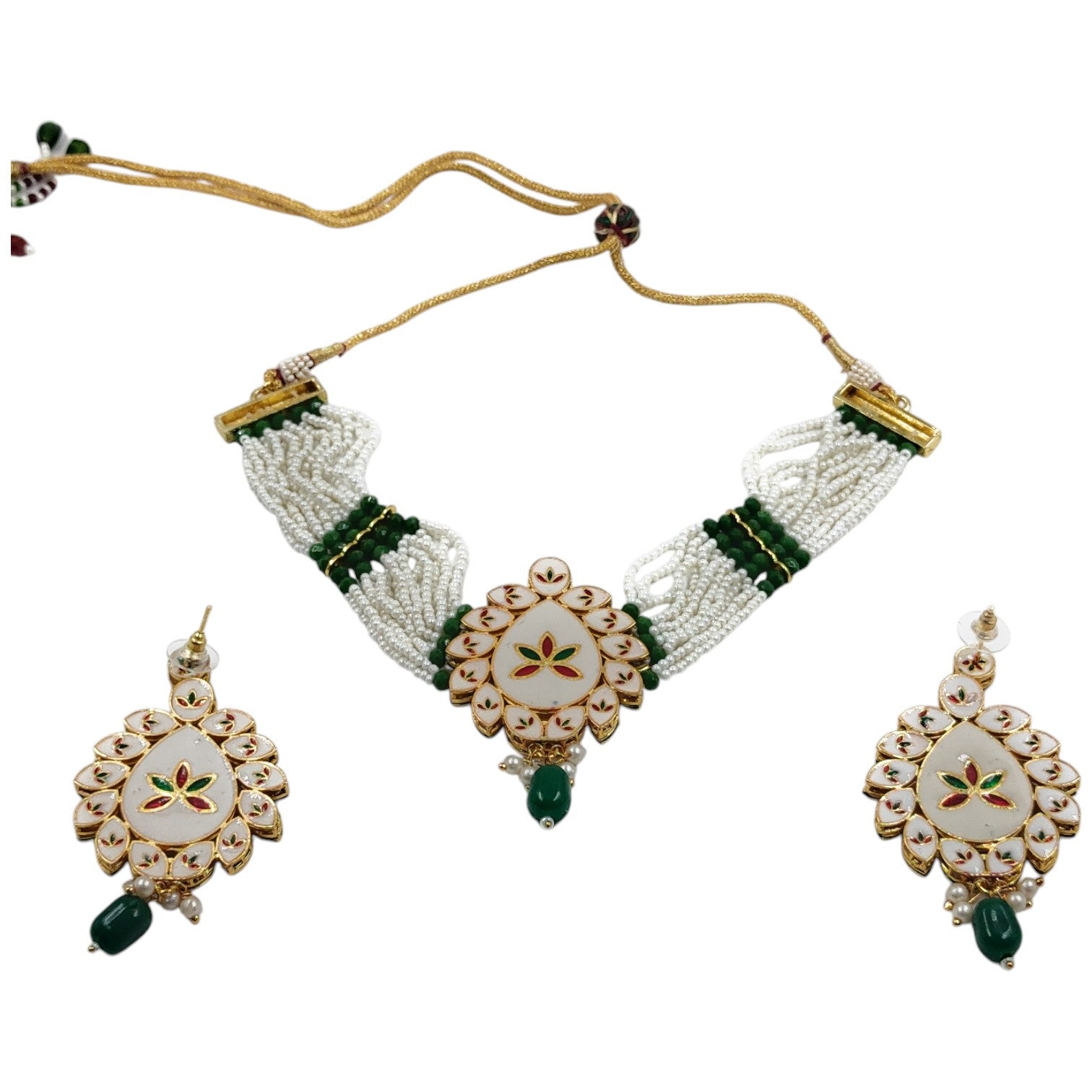 NS109 GREEN Kundan Necklace Earring Jewellery Set