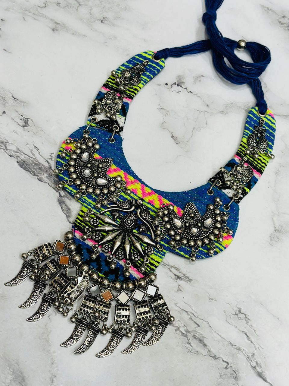 Graceful Classy Blue Handmade Navratri oxidised fabric fusion jewellery