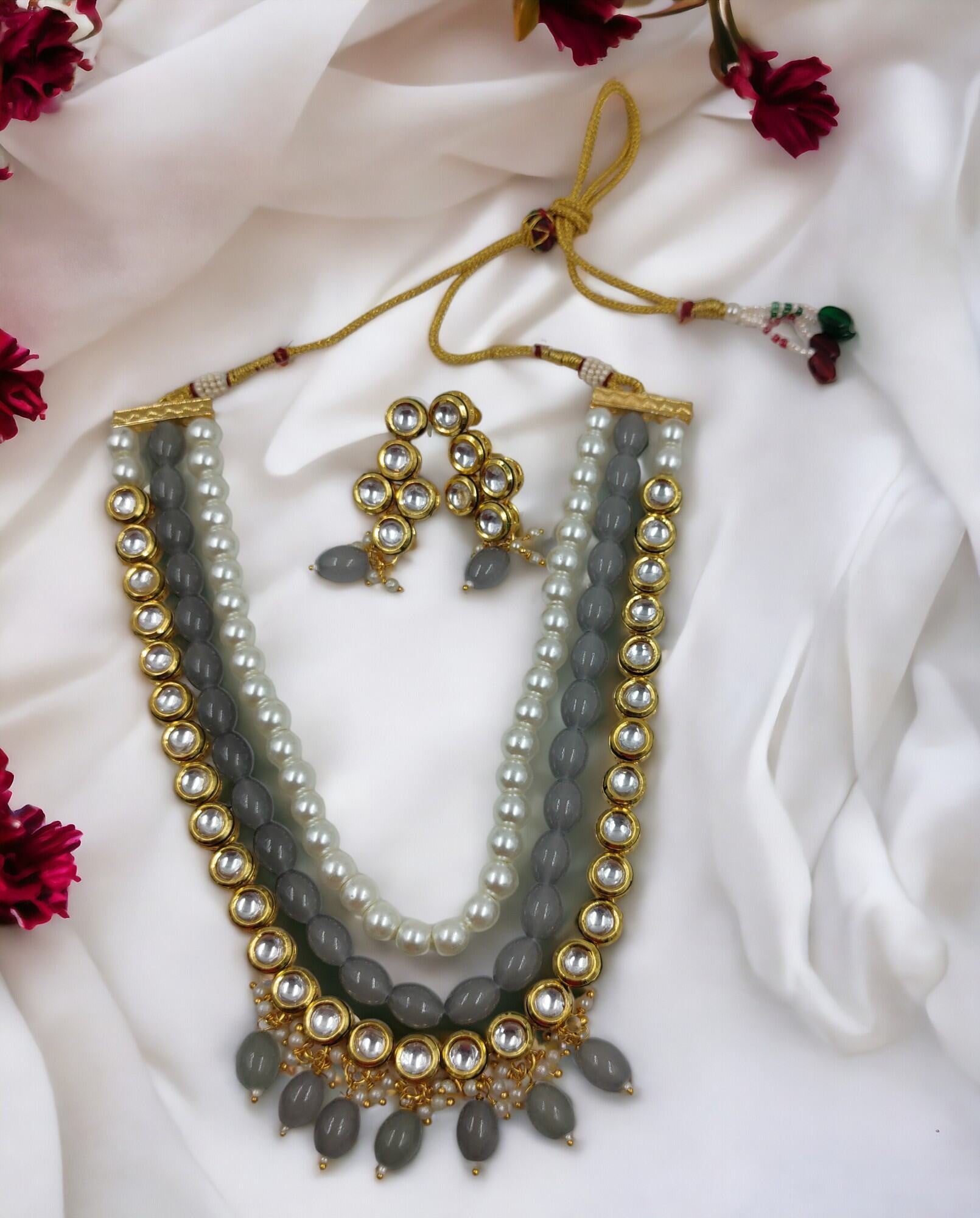 NS501 Grey Kundan Necklace Earring Jewellery Set