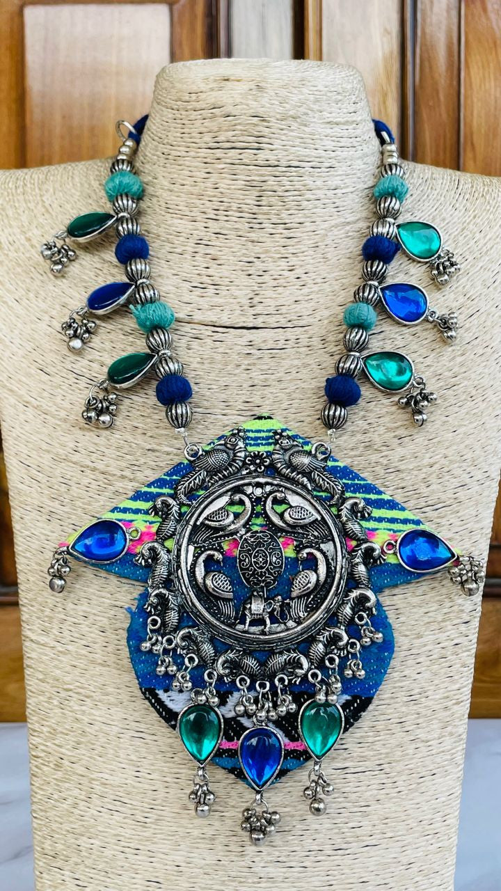 Classy Blue Handmade Navratri oxidised fabric fusion jewellery
