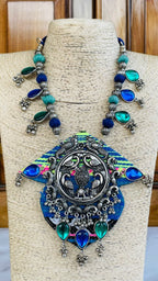 Classy Blue Handmade Navratri oxidised fabric fusion jewellery