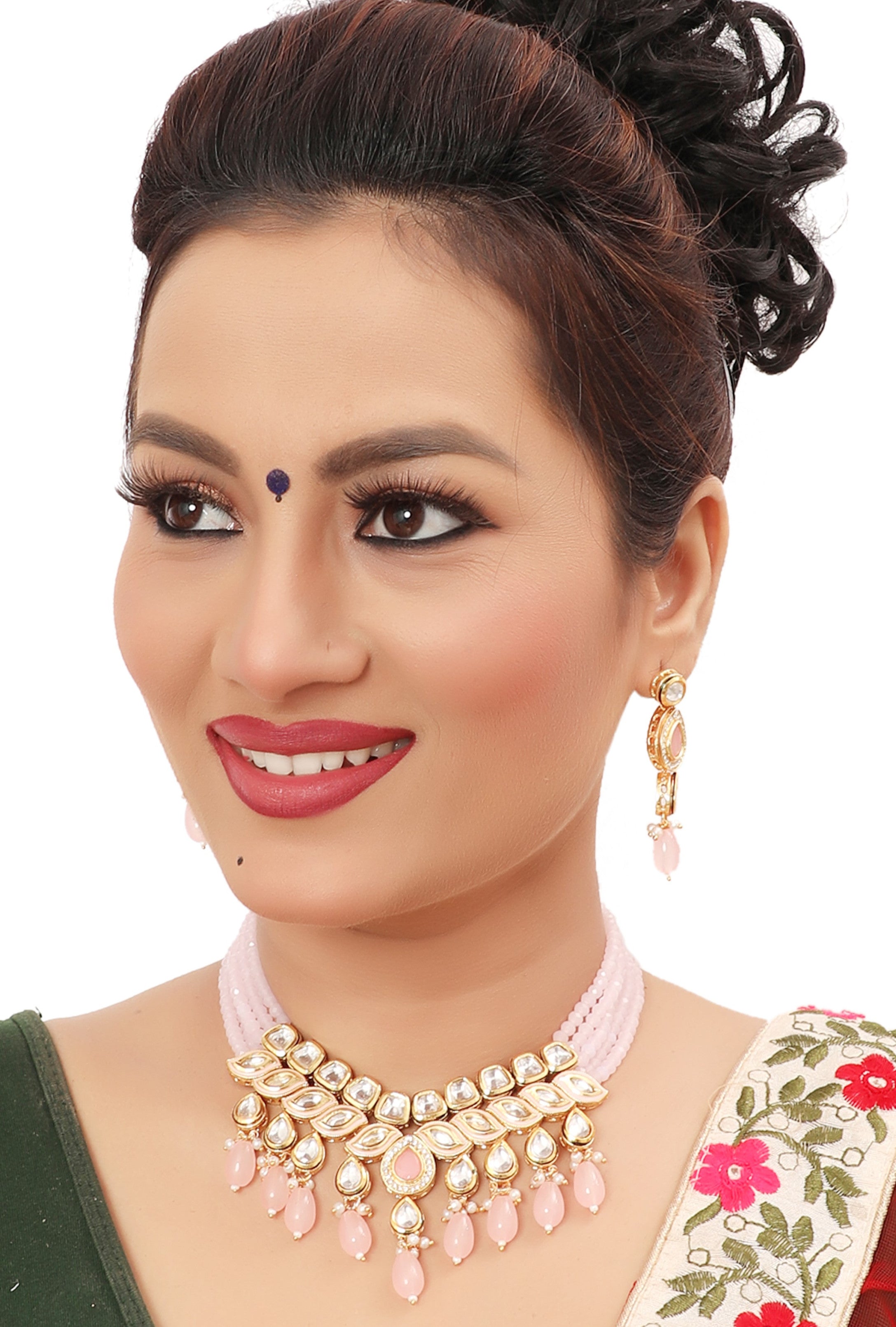 NS496 Baby Pink Kundan Necklace Earring Jewellery Set