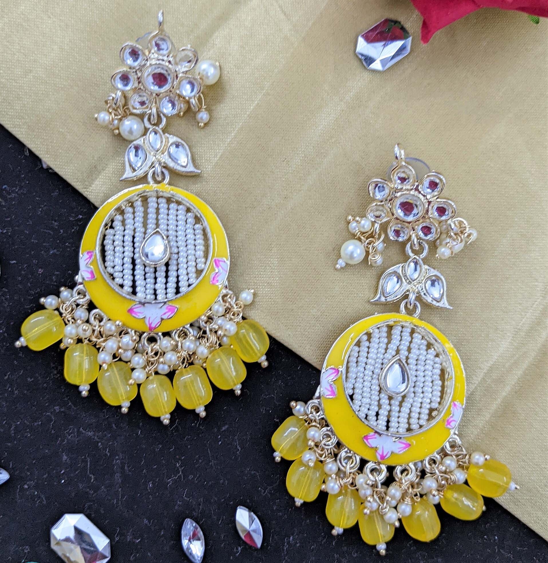 Kundan Meenakari Earring (ER66 YELLOW) - Earrings Artificial from Knight Angel Jewels