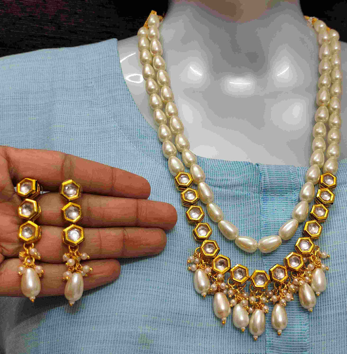 NS450 White Kundan Necklace Earring Jewellery Set