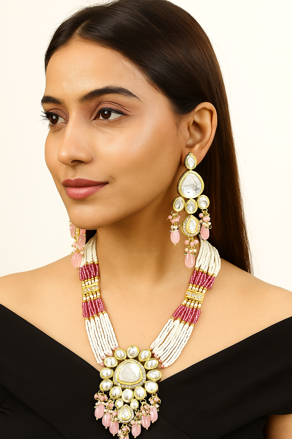 Elegance Kundan Baby Pink long necklace set (K56)