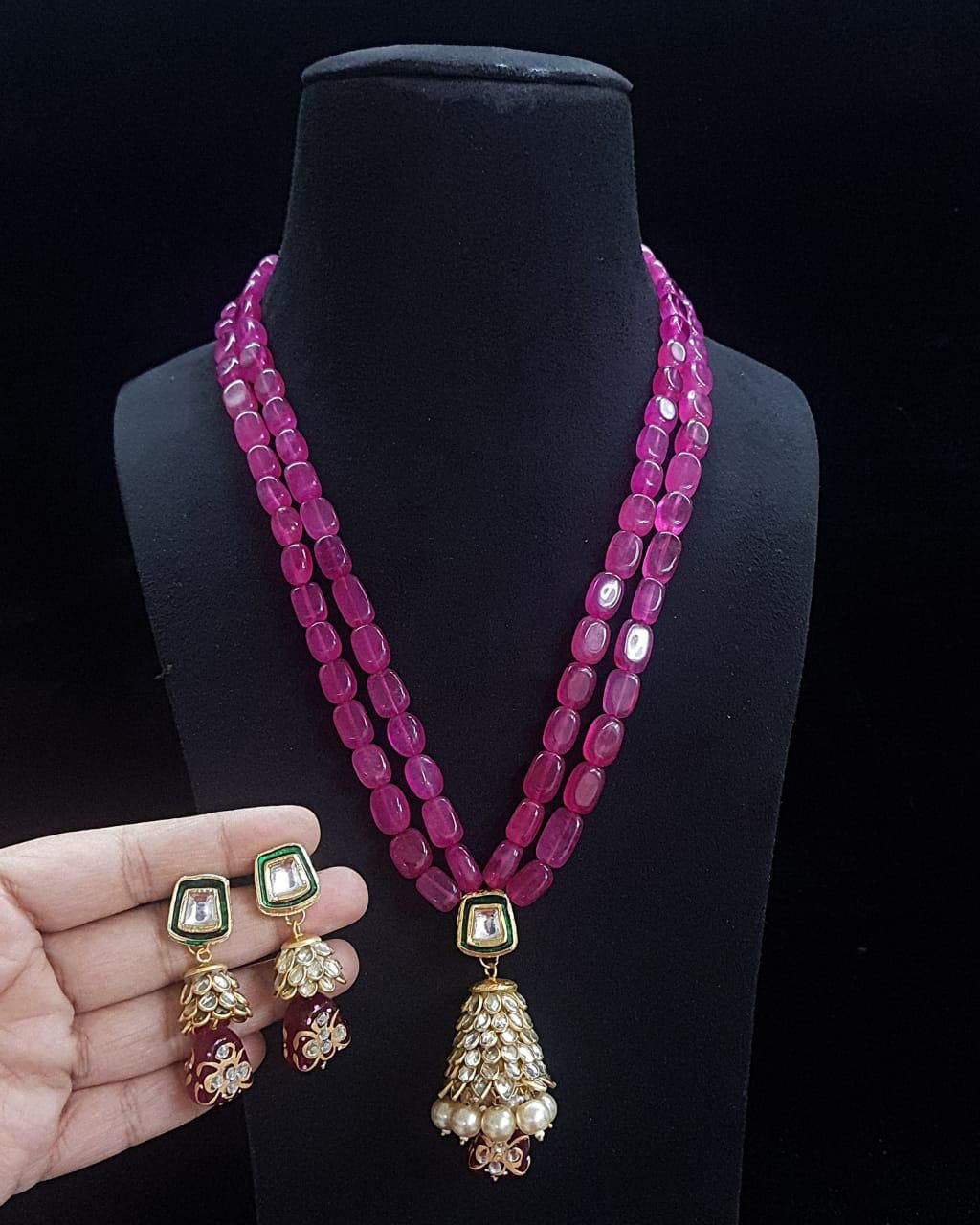 Rani Monalisa Beads Long Necklace With Kundan Pendant And Earring