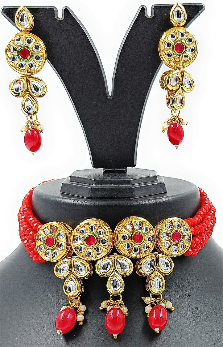 NS320 RED Kundan Necklace Earring Jewellery Set