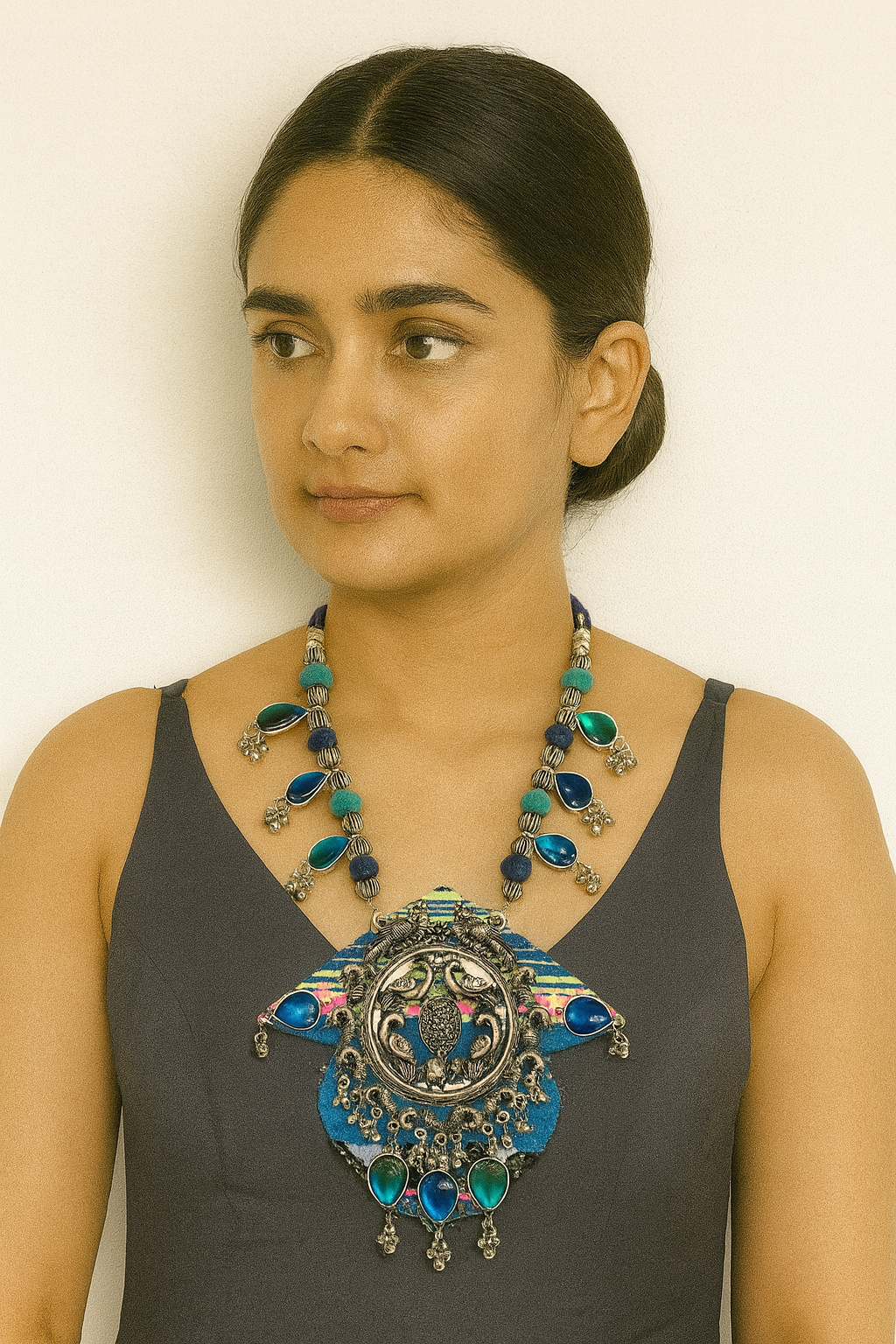 Classy Blue Handmade Navratri oxidised fabric fusion jewellery