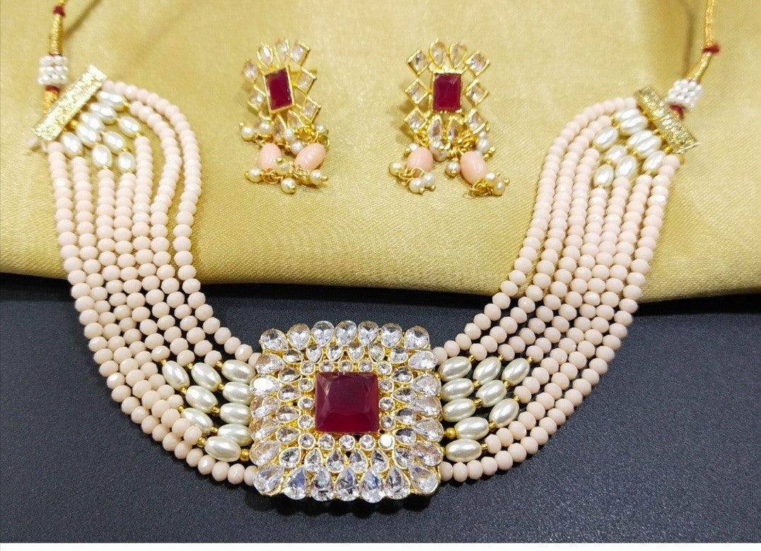 Bohemian Hue Crystal Beads Choker Necklace set (Peach)