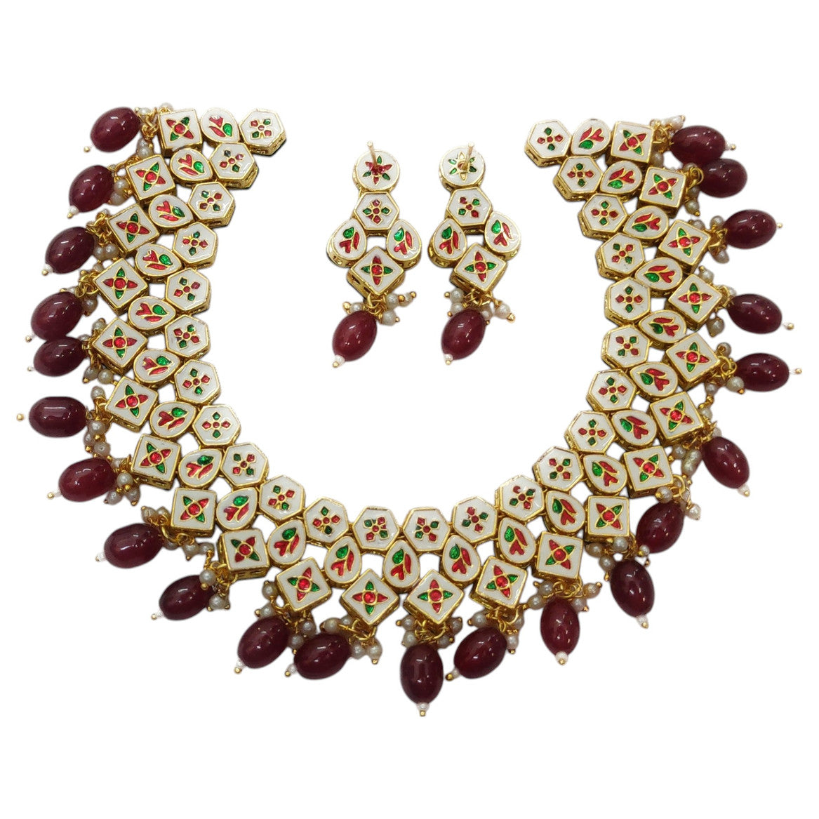 NS615 Maroon Kundan Necklace Earring Jewellery Set