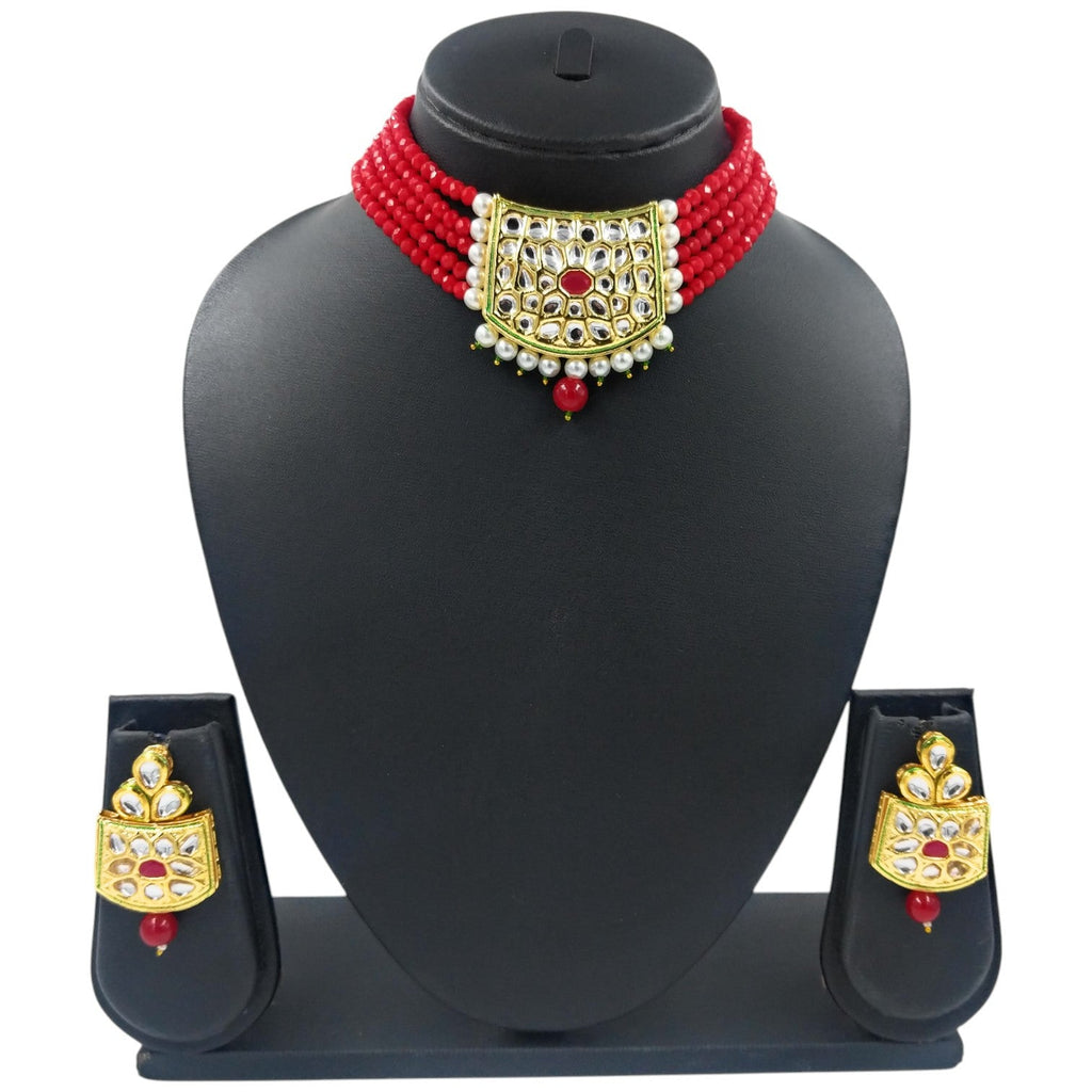 NS237 RED Kundan Necklace Earring Jewellery Set