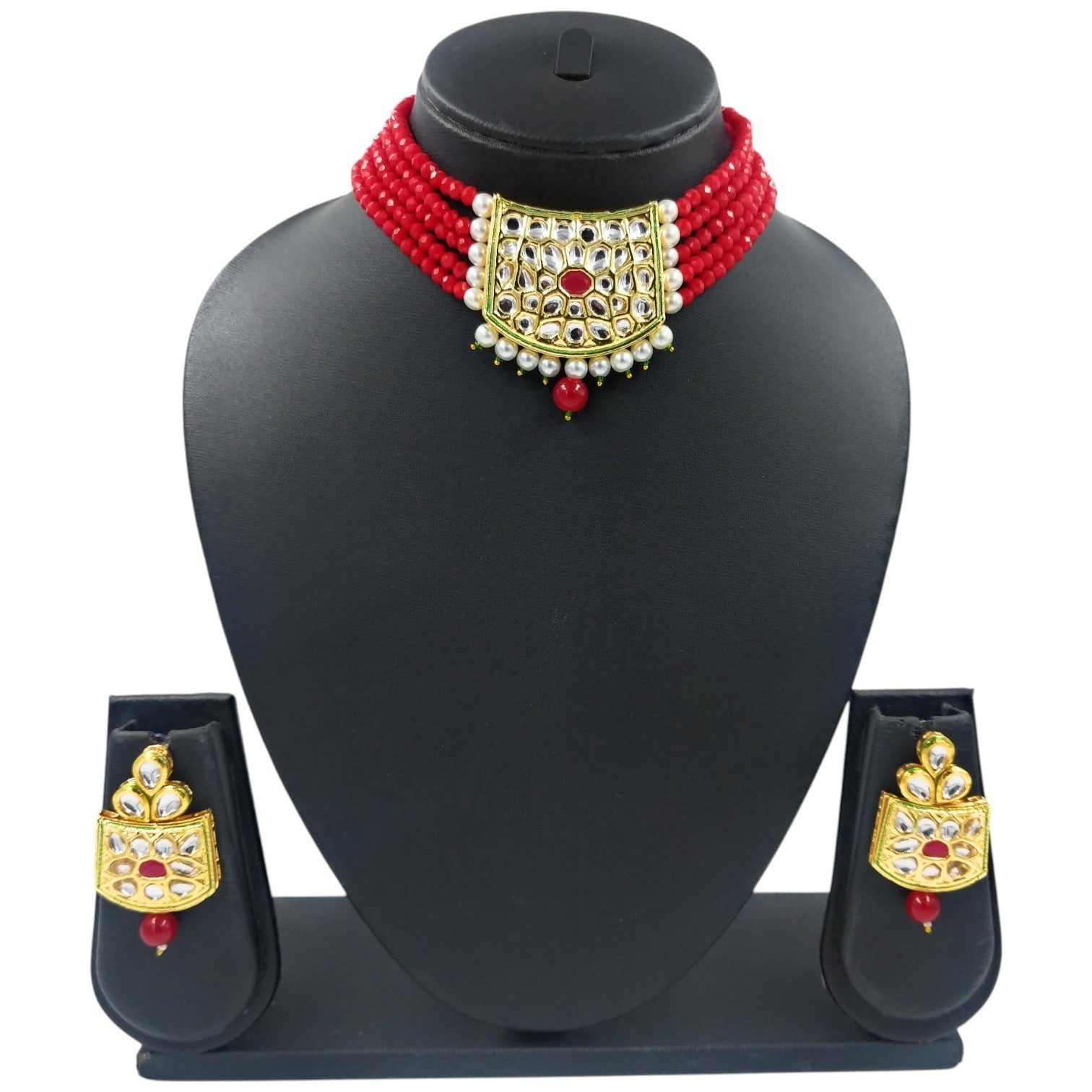 NS237 RED Kundan Necklace Earring Jewellery Set