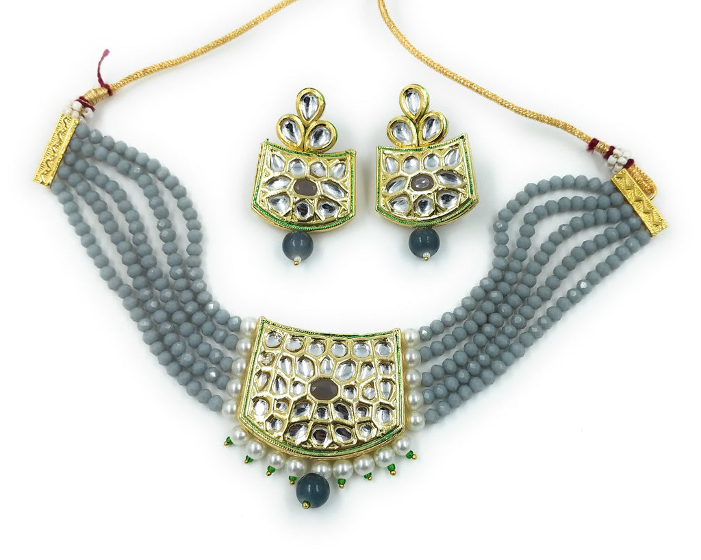 NS237 GREY Kundan Necklace Earring Jewellery Set