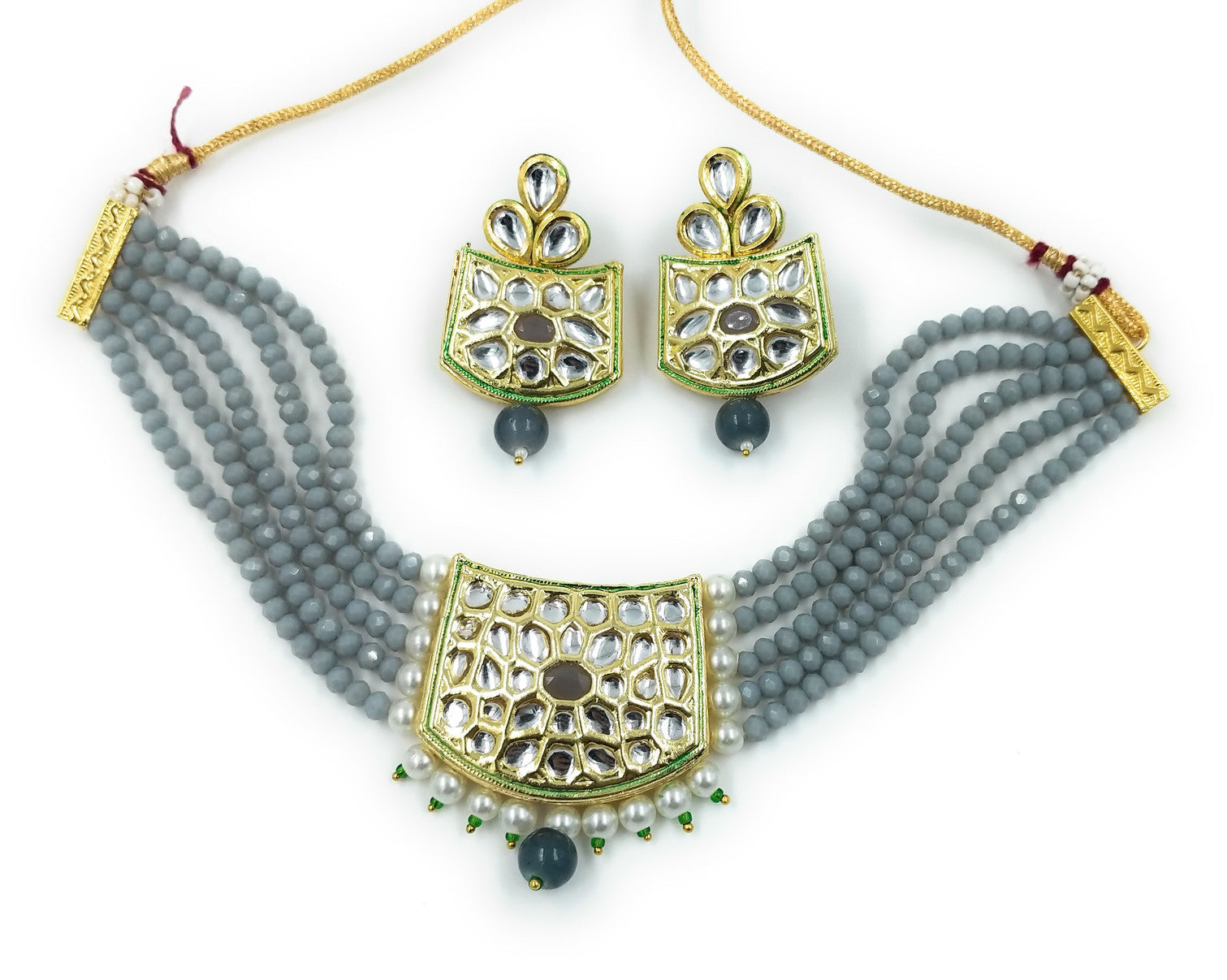 NS237 GREY Kundan Necklace Earring Jewellery Set