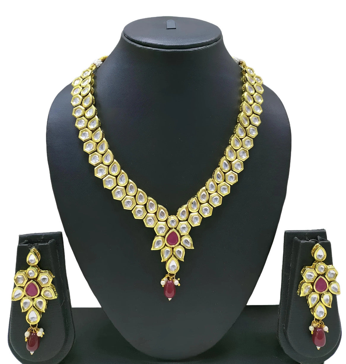 NS454 Maroon Kundan Necklace Earring Jewellery Set