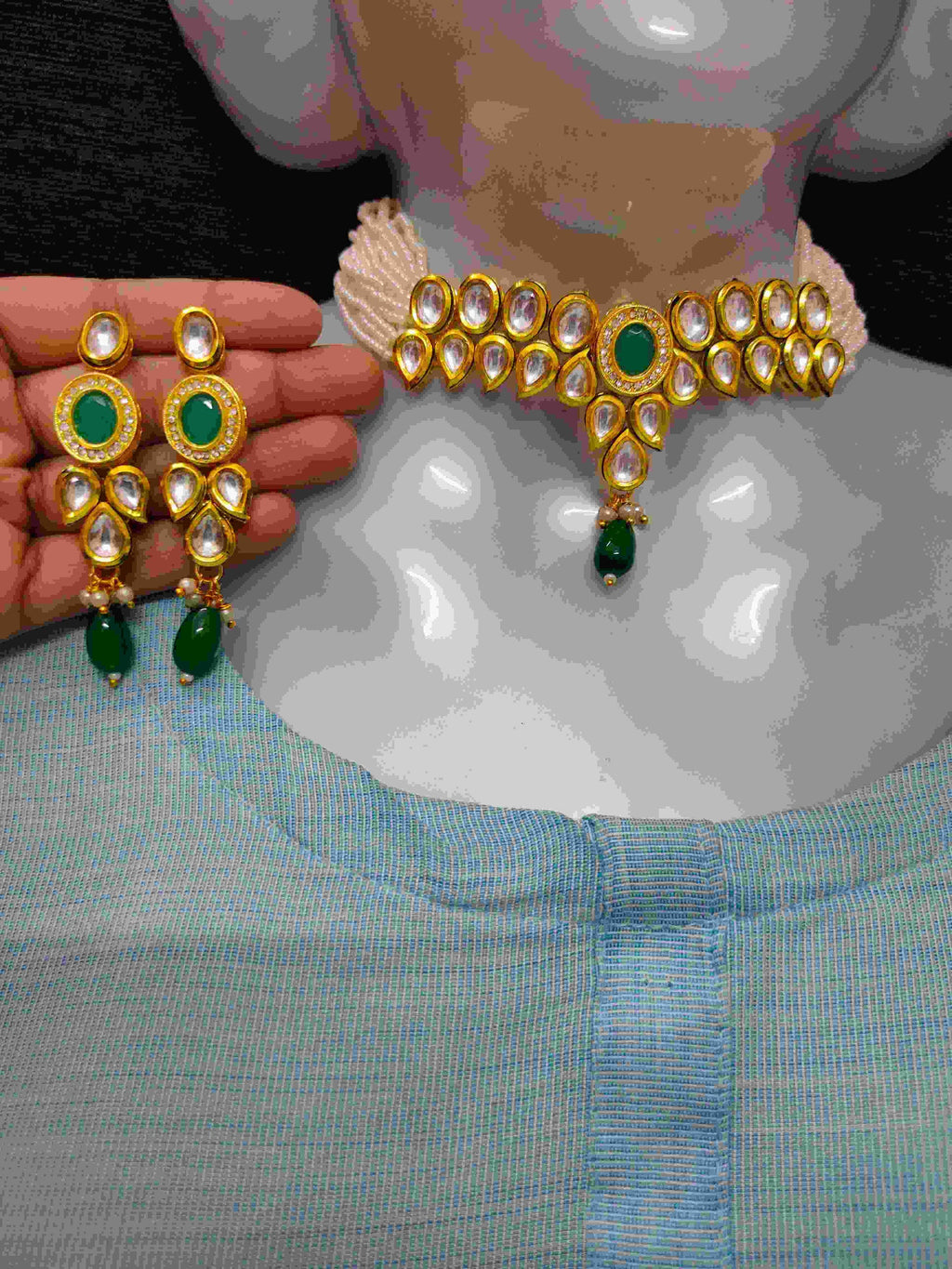NS499 Green Kundan Necklace Earring Jewellery Set