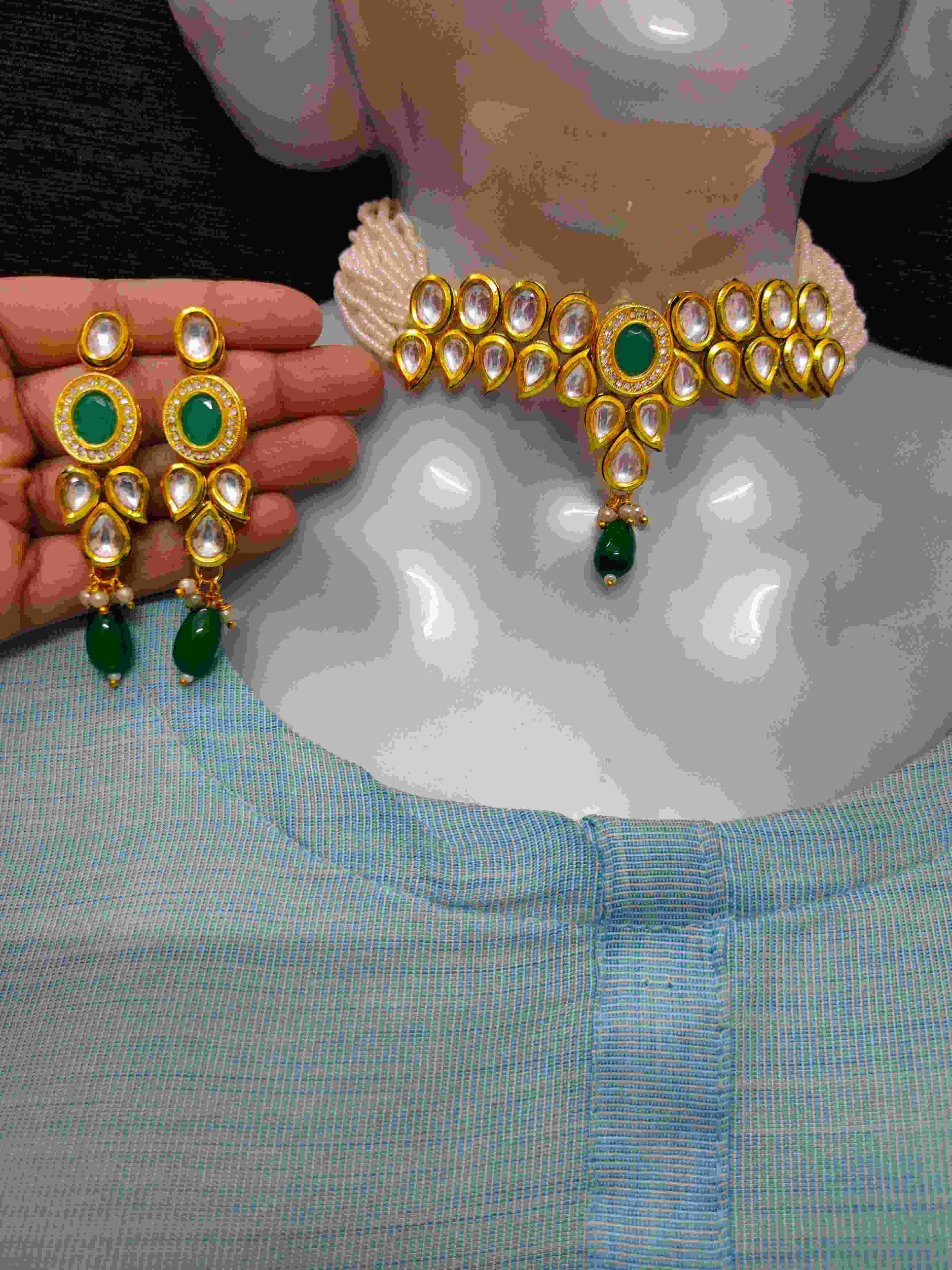 NS499 Green Kundan Necklace Earring Jewellery Set
