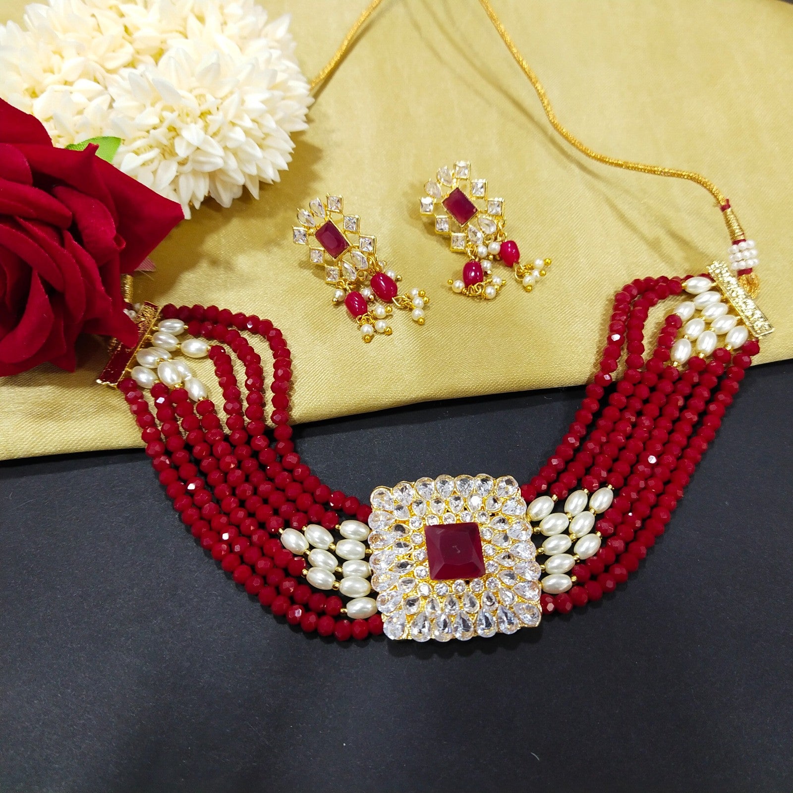 Radiant Elegance Crystal Beads Choker Set (Red)