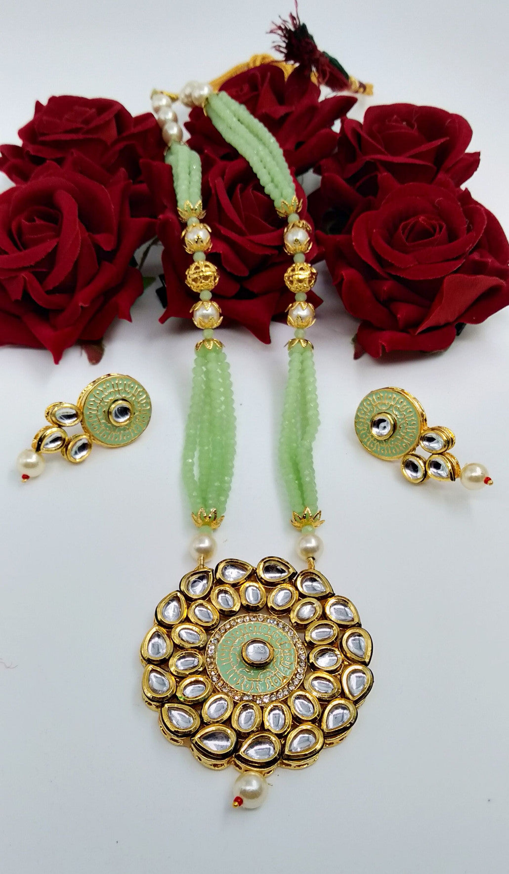 Kundan Long Necklace Set (K2 MINT GREEN)