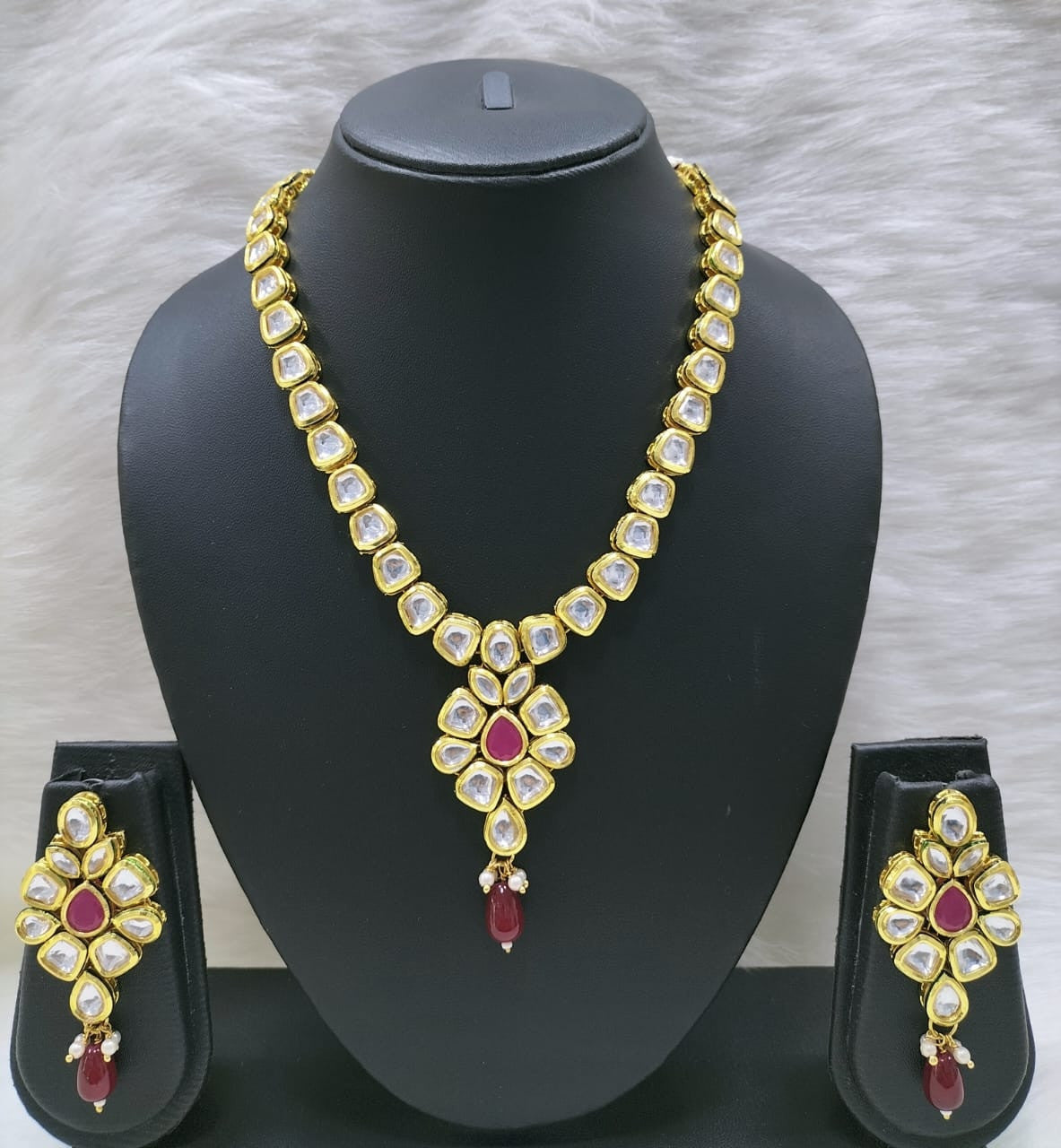 NS453 Maroon Kundan Necklace Earring Jewellery Set